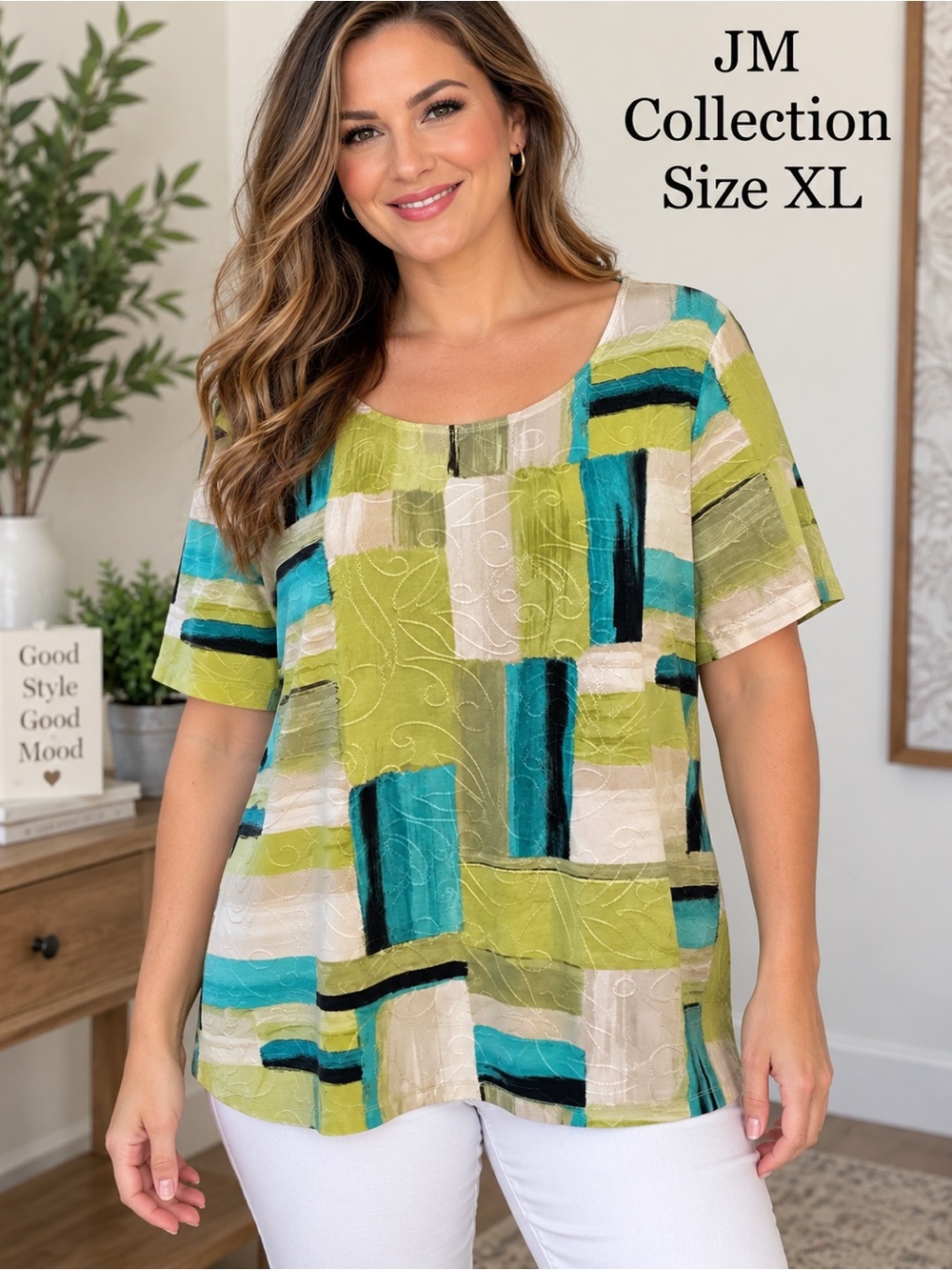 JM Collection Abstract Geometric Blouse Shirt Sleeve Top Size XL